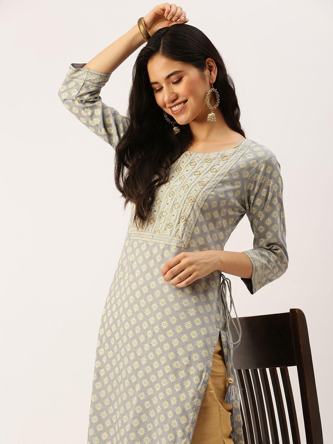 showoff women grey ethnic motifs printed kurta