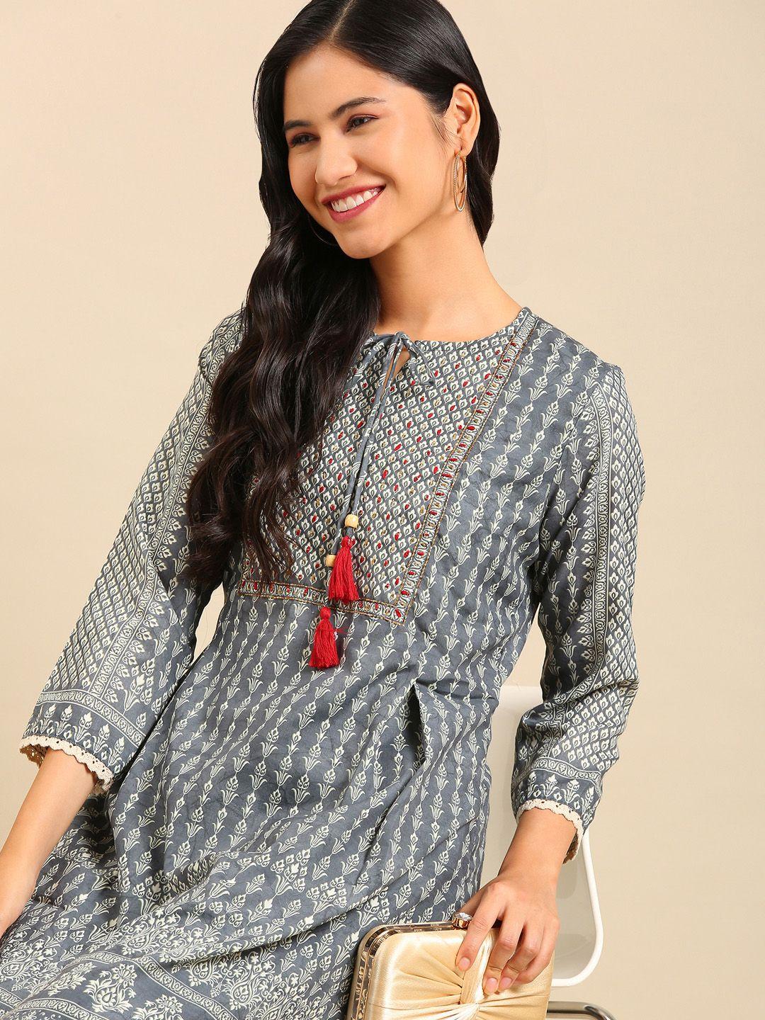 showoff women grey ethnic motifs printed panelled beads and stones kurta with trousers