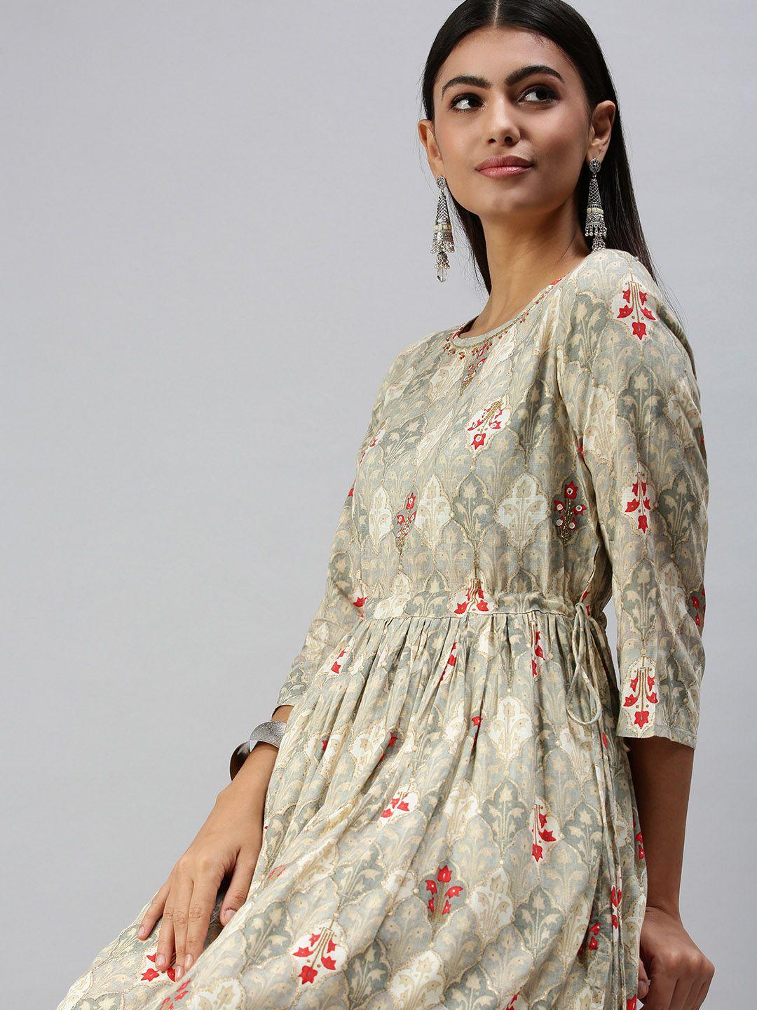 showoff women grey ethnic motifs printed pleated beads and stones kurta with dhoti pants