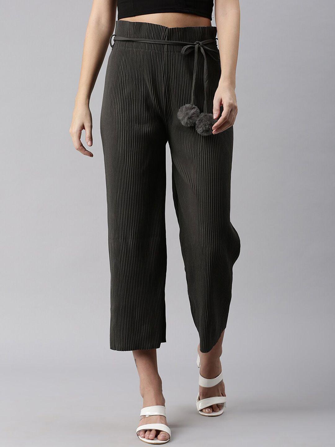 showoff women grey loose fit high-rise pleated trousers