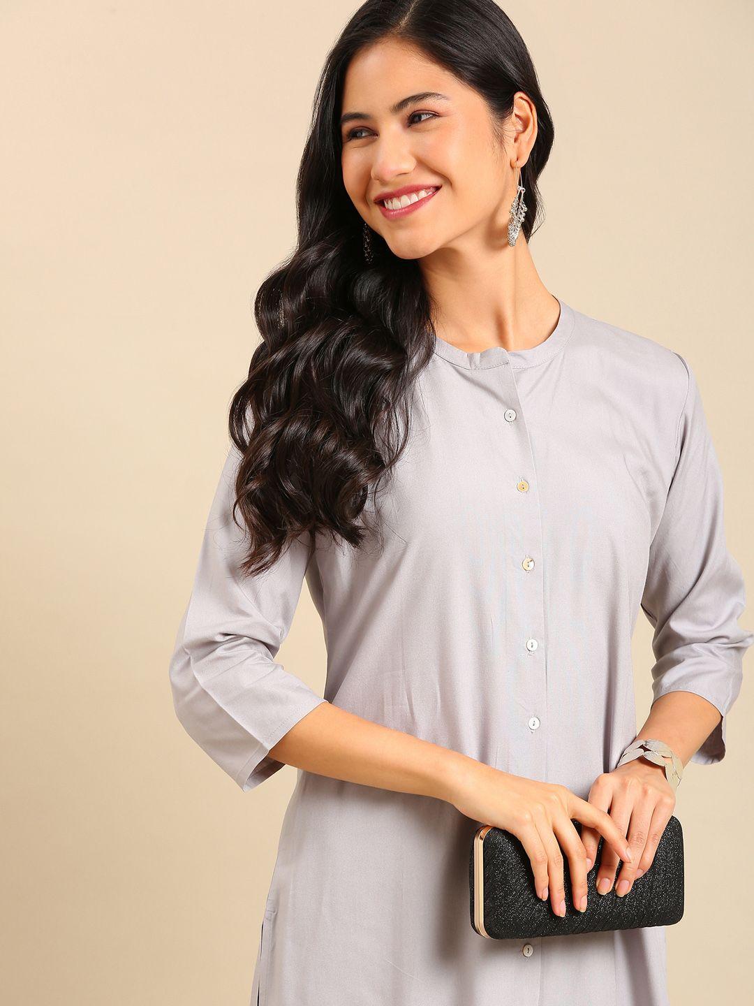 showoff women grey solid  round neck kurta