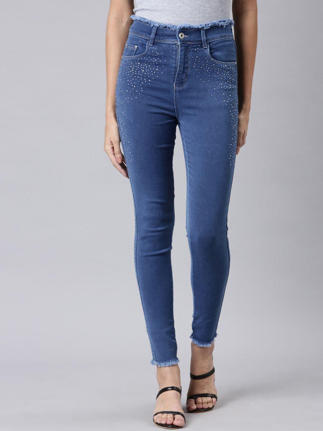 showoff women jean slim fit clean look frayed denim acid wash stretchable jeans
