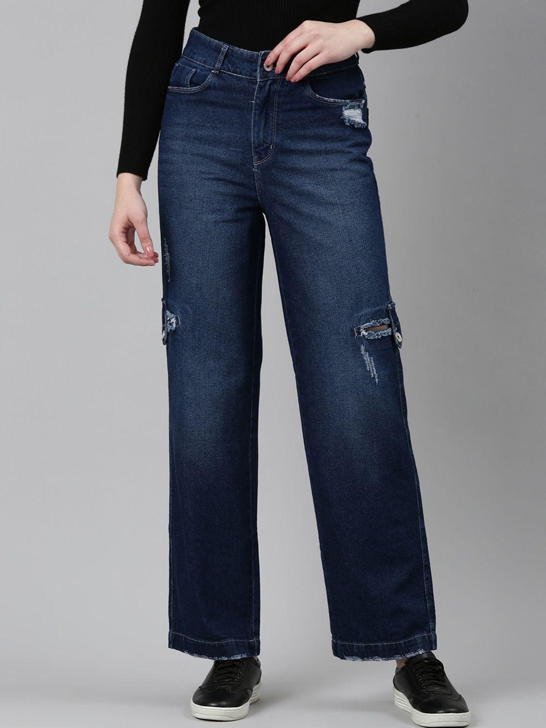 showoff women jean straight fit mid rise low distress cotton jeans