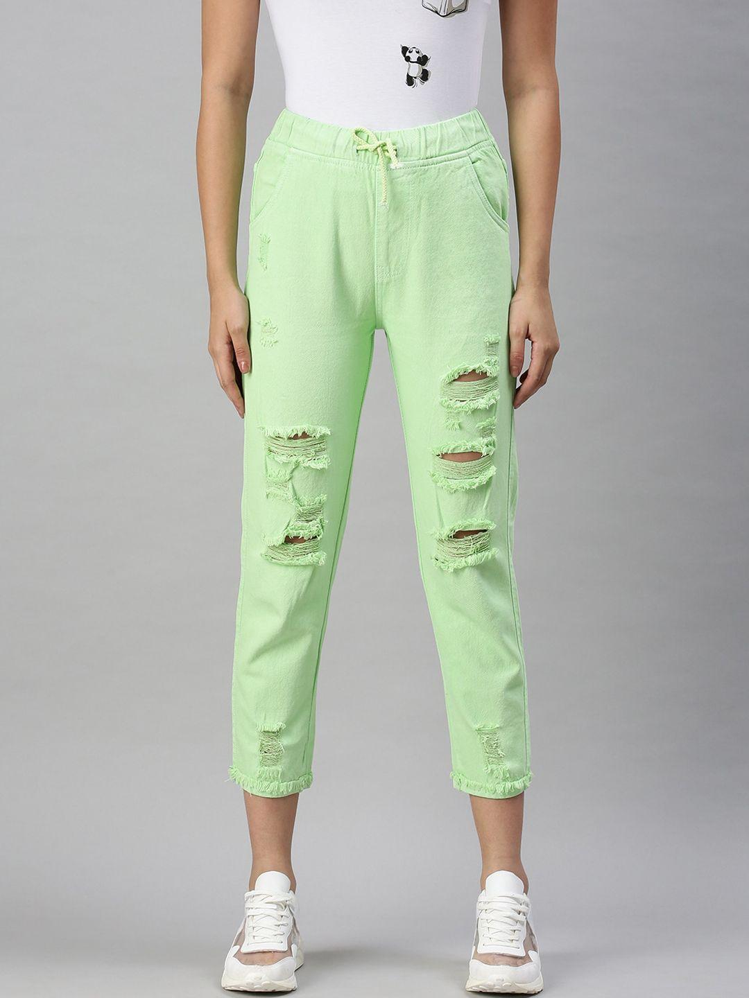 showoff women lime green cotton high-rise highly distressed elasticated jogger jeans