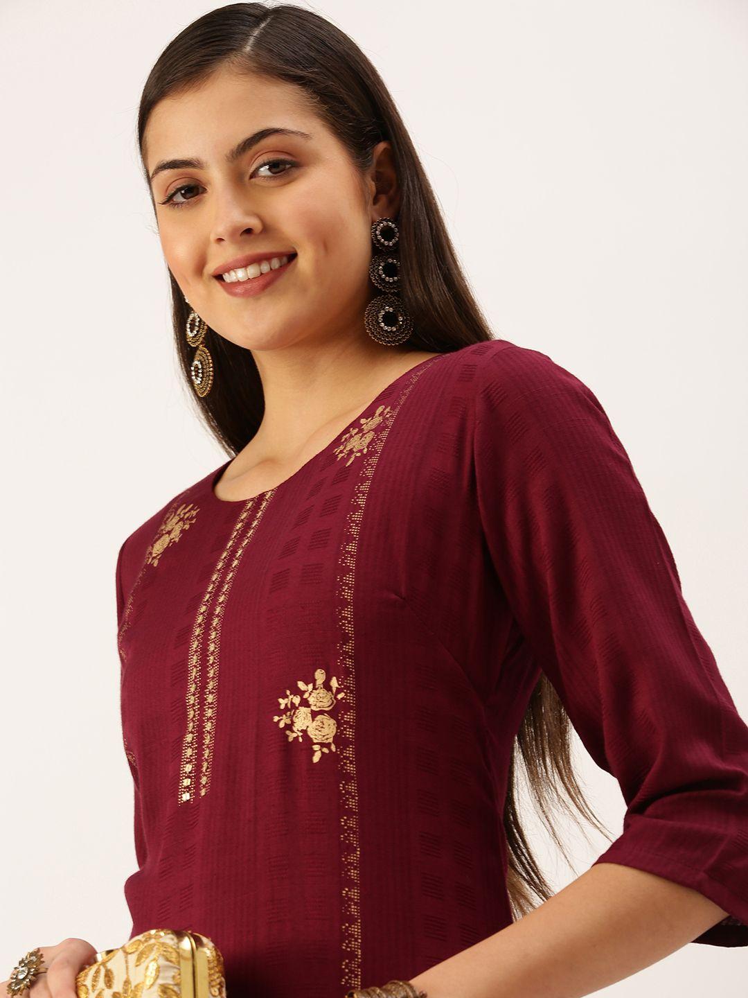 showoff women magenta striped thread work floral jacquard kurta