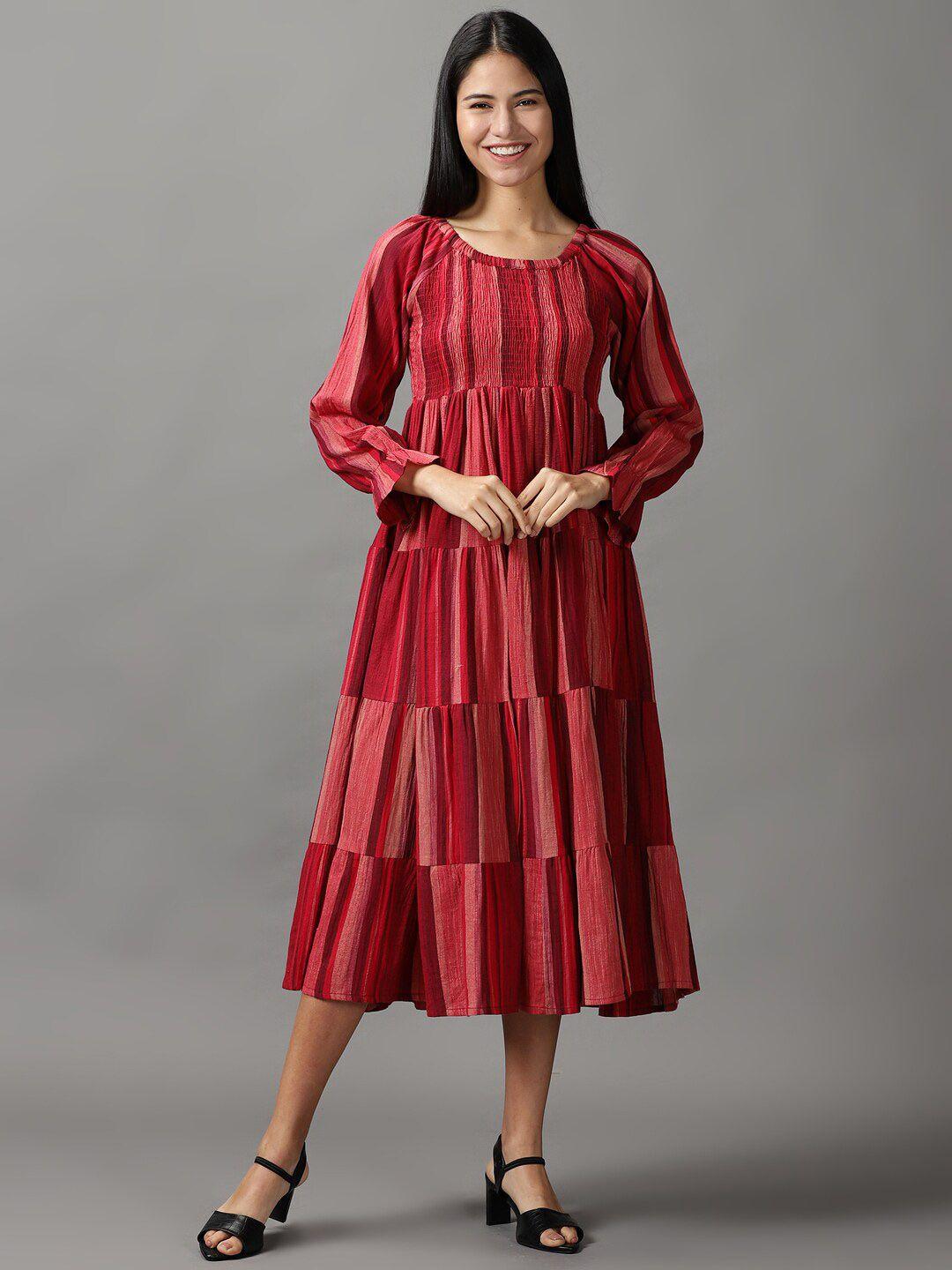 showoff women maroon & brown striped a-line cotton midi dress