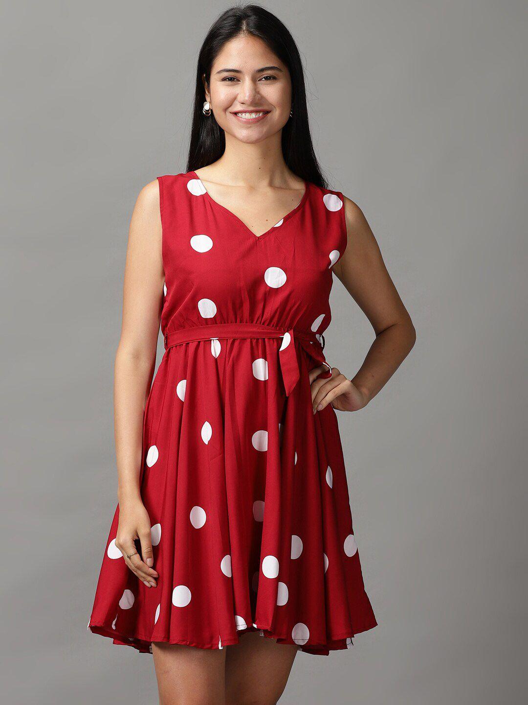 showoff women maroon & white polka dots chiffon dress