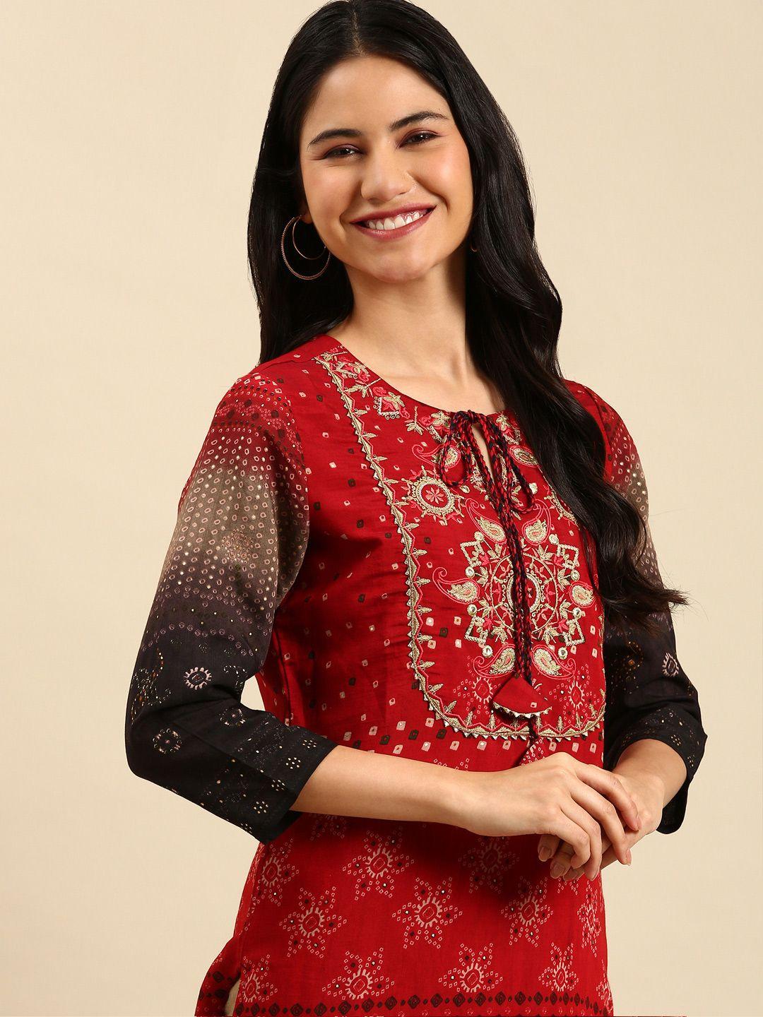 showoff women maroon bandhani printed kurta