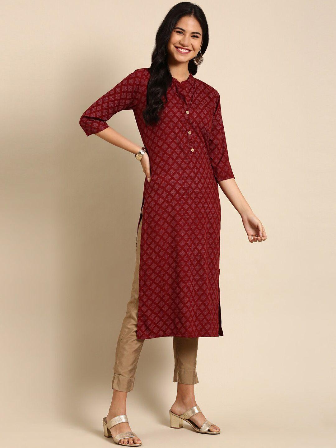 showoff women maroon ethnic motifs printed chanderi silk kurta