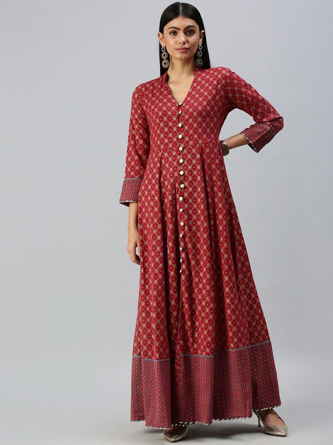 showoff women maroon floral anarkali printed kurta