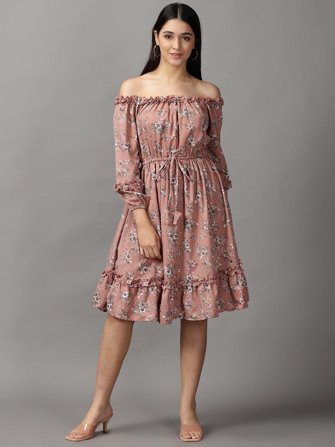 showoff women mauve & grey floral off-shoulder dress