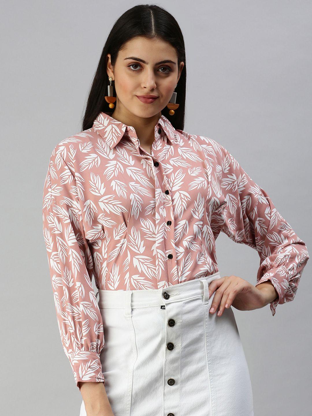 showoff women mauve contemporary slim fit printed casual shirt