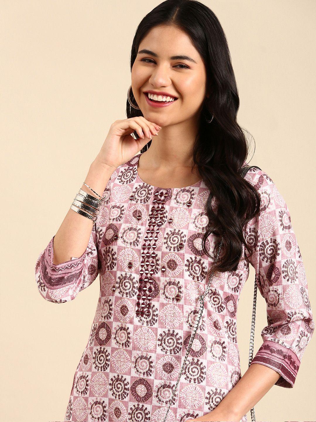 showoff women mauve ethnic motifs printed kurta with trousers