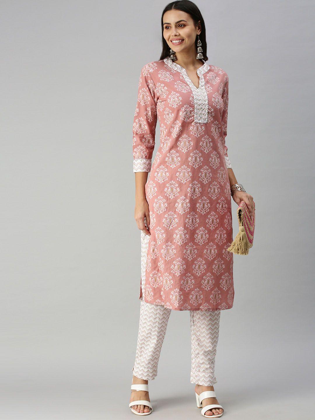 showoff women mauve floral printed kurta with trousers