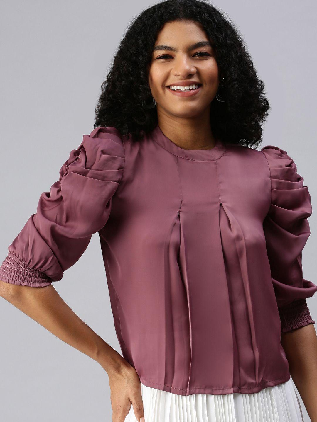 showoff women mauve solid smocked top