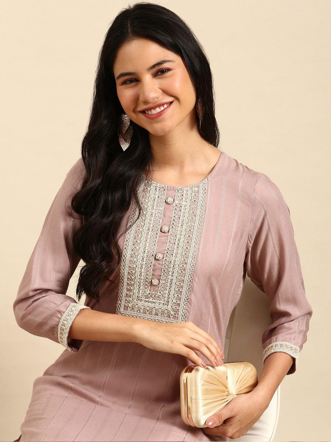 showoff women mauve thread work pastels cotton kurta