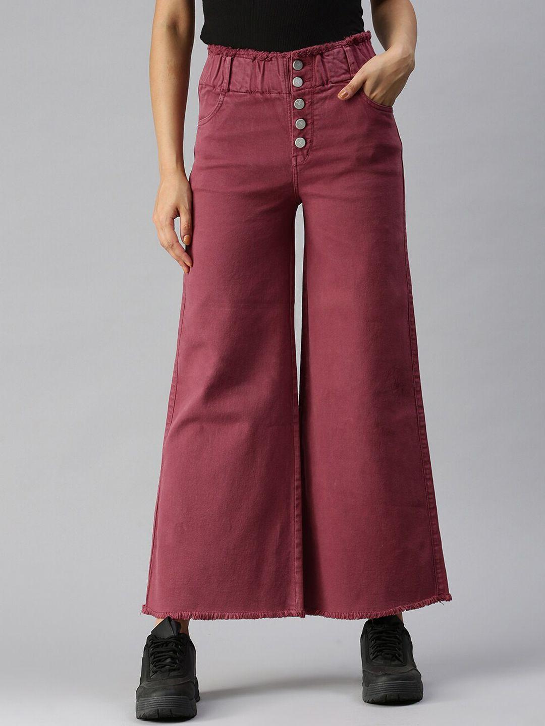 showoff women mauve wide leg high-rise stretchable coloured jeans