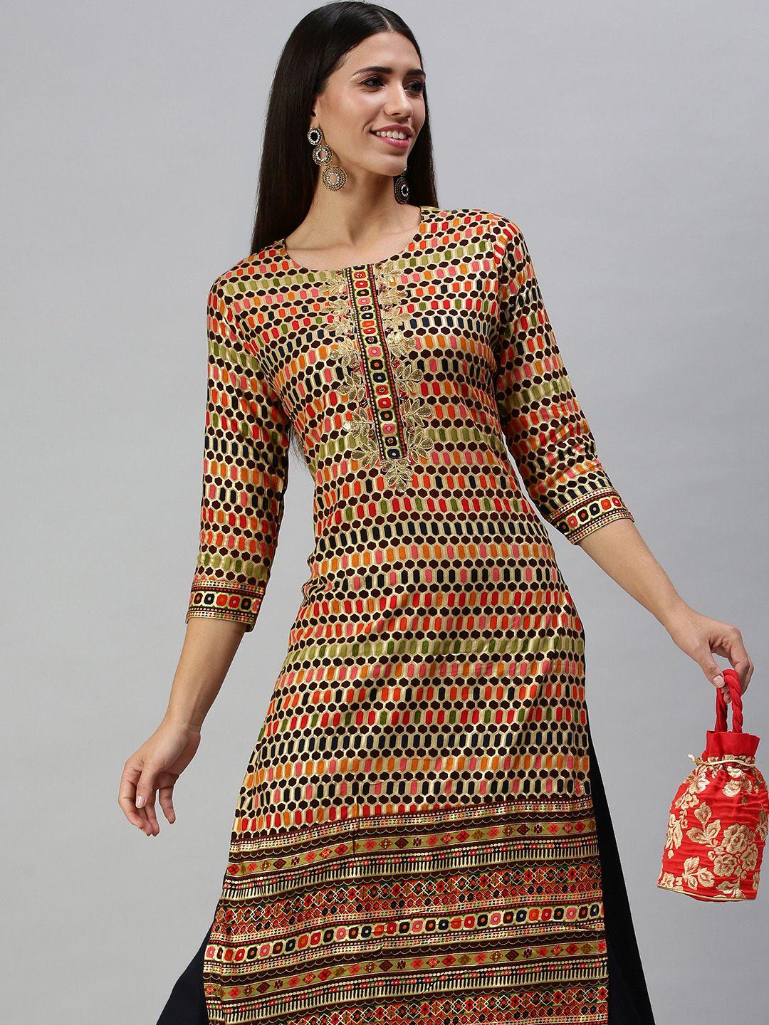 showoff women multicoloured printed kurta with trousers