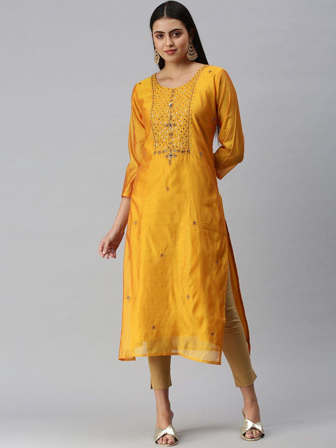 showoff women mustard yellow & maize ethnic motifs embroidered thread work kurta