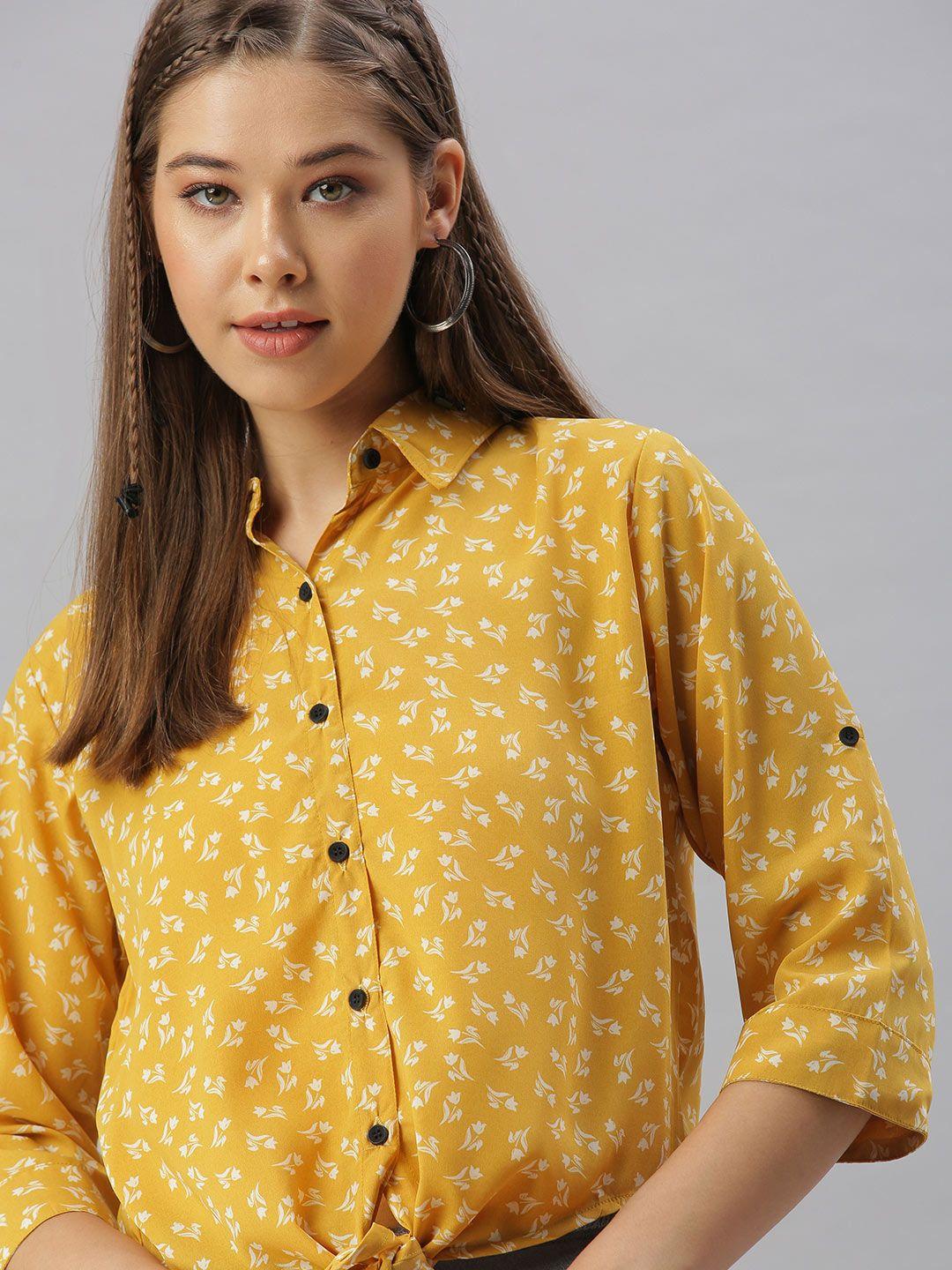 showoff women mustard yellow comfort regular fit floral printed casual shirt