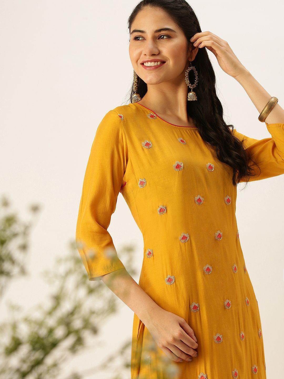 showoff women mustard yellow floral embroidered kurta with trousers