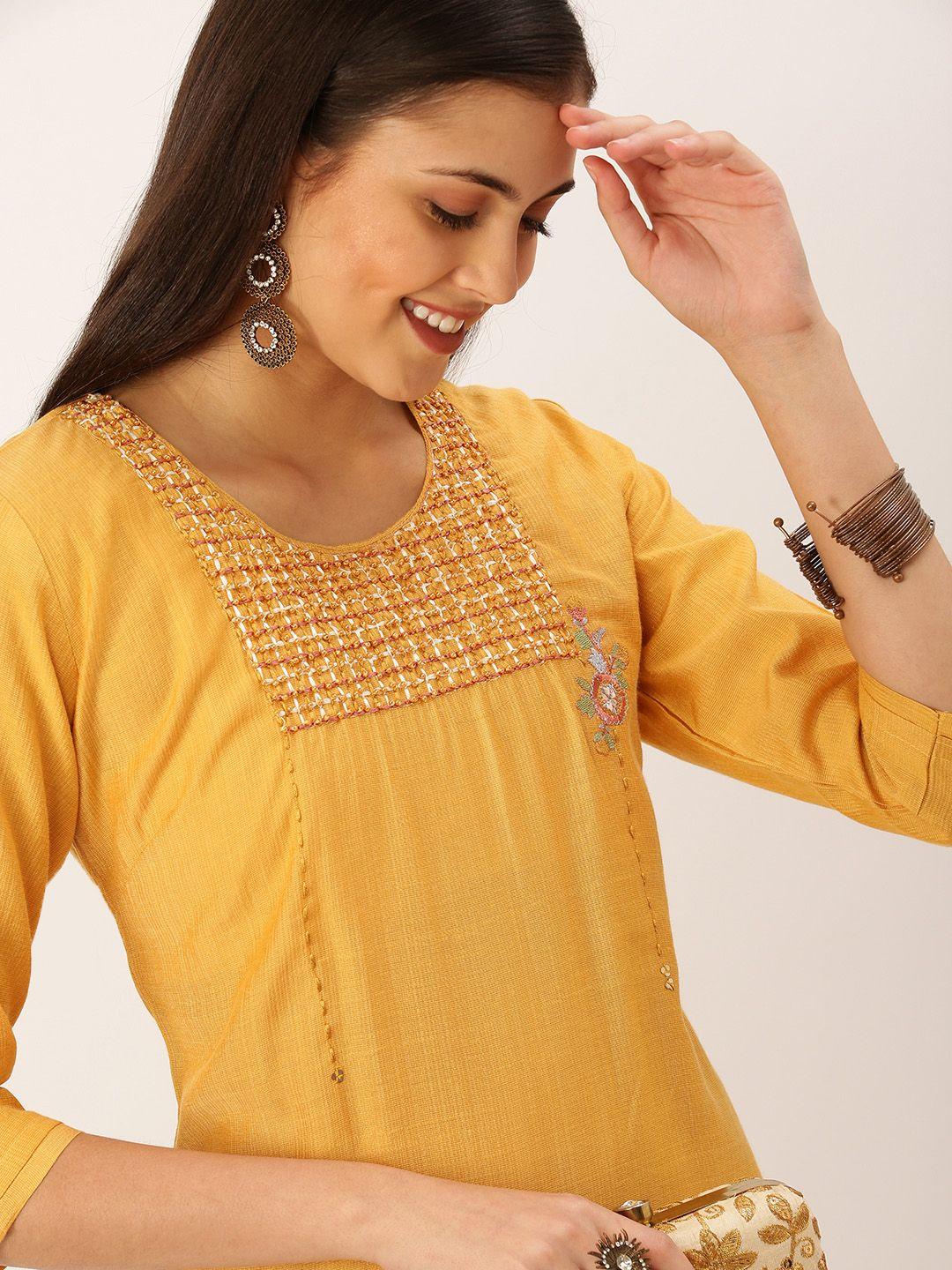 showoff women mustard yellow floral embroidered straight kurta