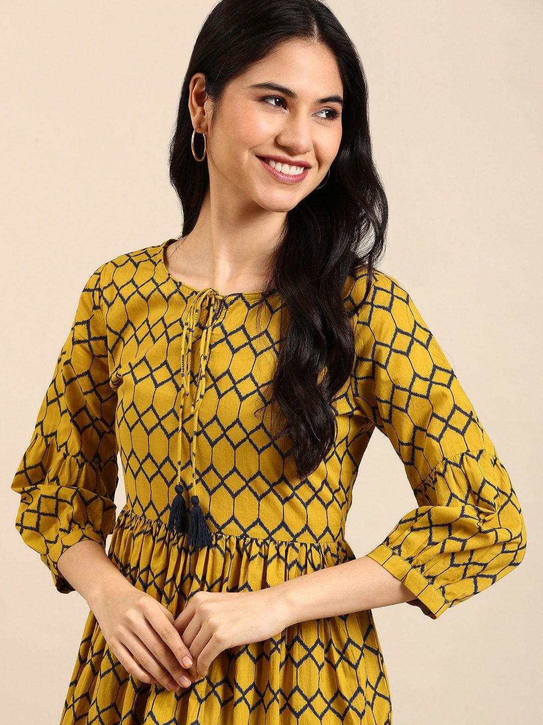 showoff women mustard yellow geometric printed keyhole neck anarkali kurta