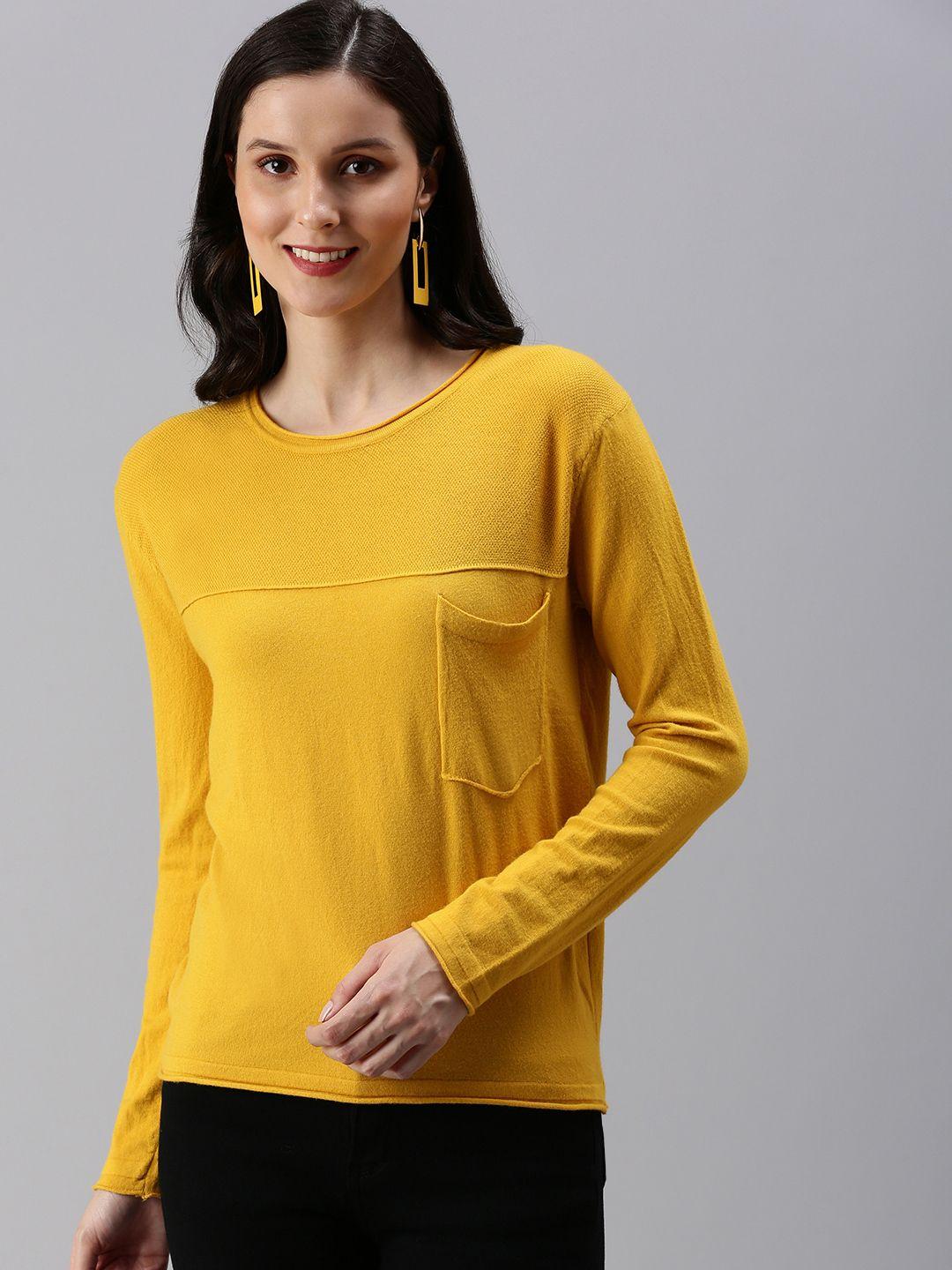 showoff women mustard yellow solid regular acrylic top