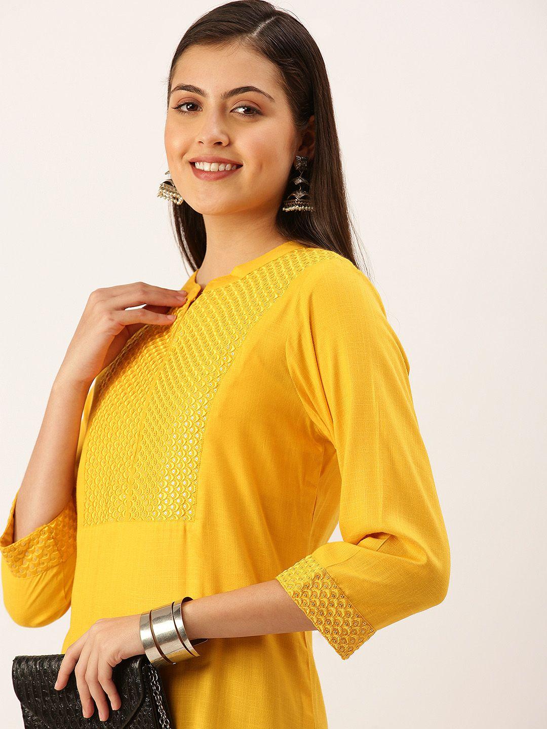 showoff women mustard yellow thread work anarkali kurta