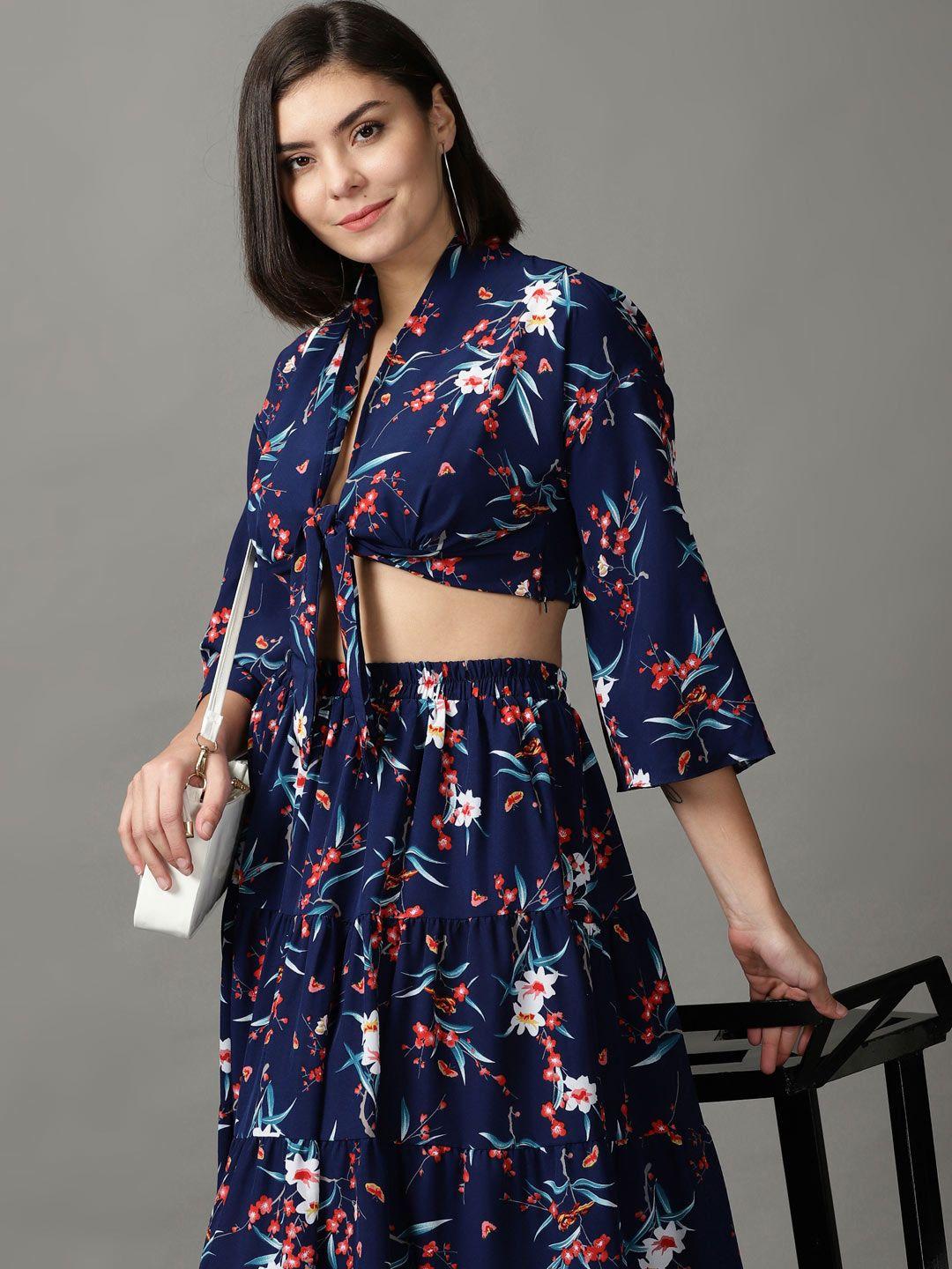 showoff women navy blue & coral floral printed crop-top & midi-length skirt co-ords