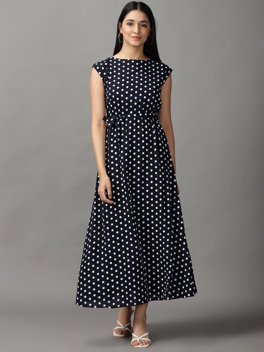 showoff women navy blue & white chiffon midi polka dots dress