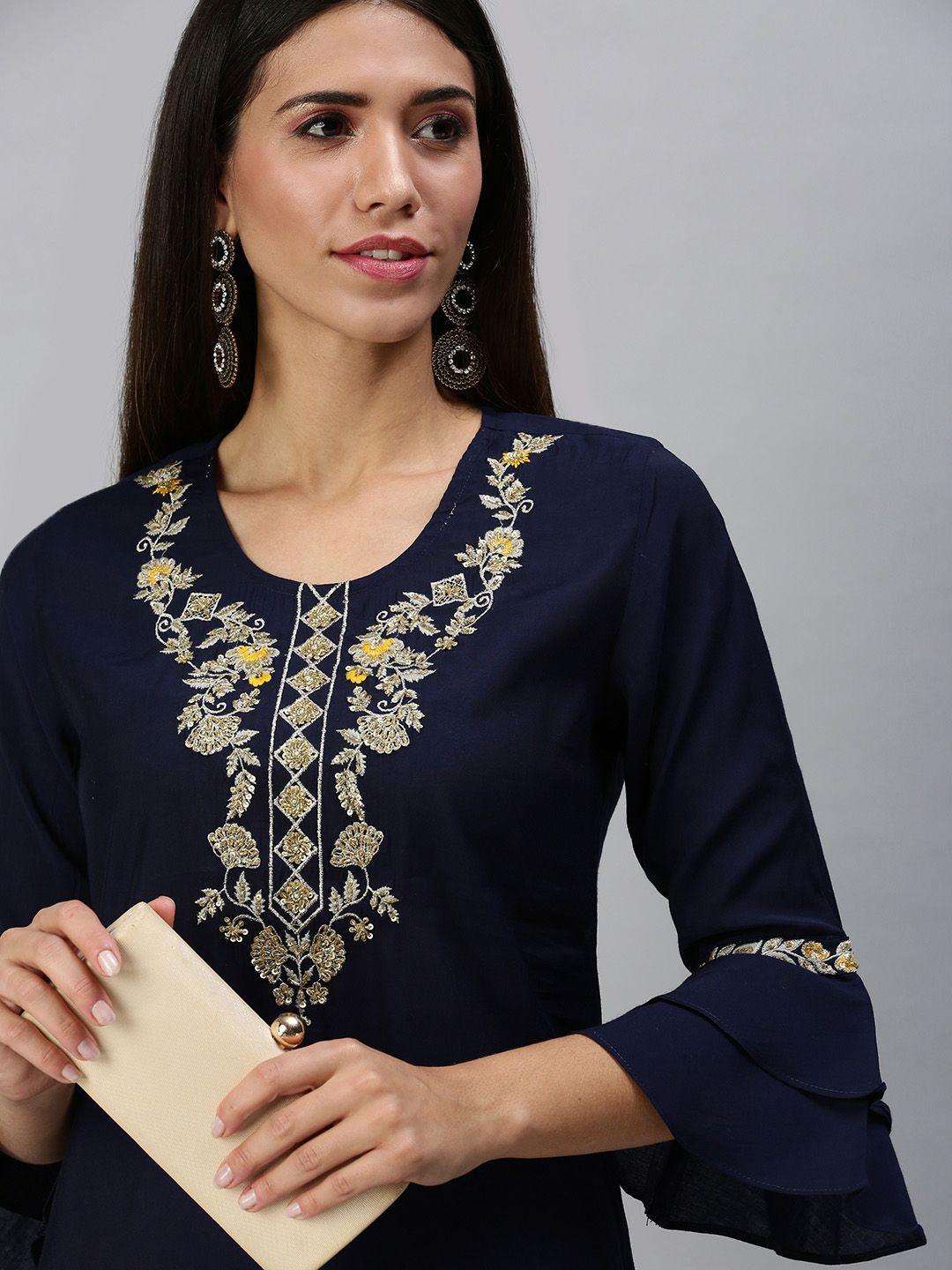 showoff women navy blue embroidered sequinned kurta with trousers