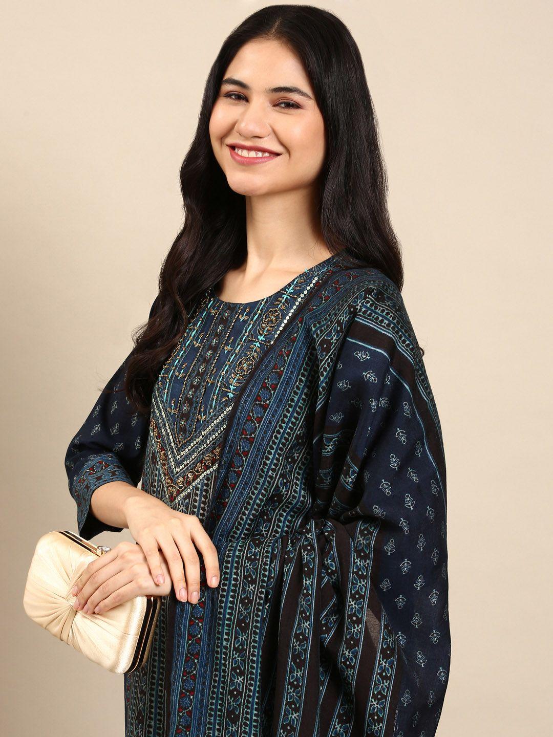 showoff women navy blue ethnic motifs printed empire sequinned kurta with trousers & with dupatta