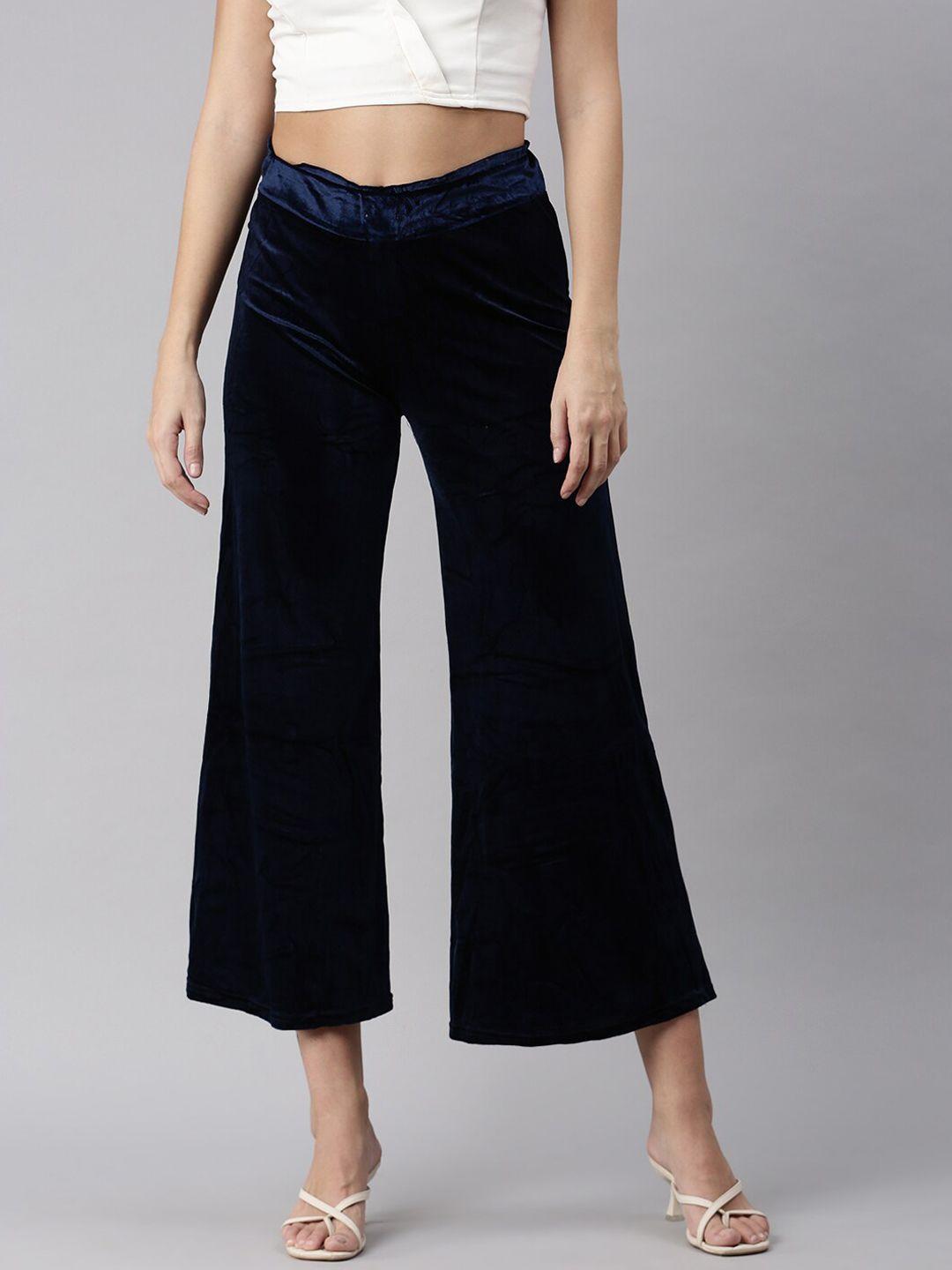 showoff women navy blue flared high-rise trousers