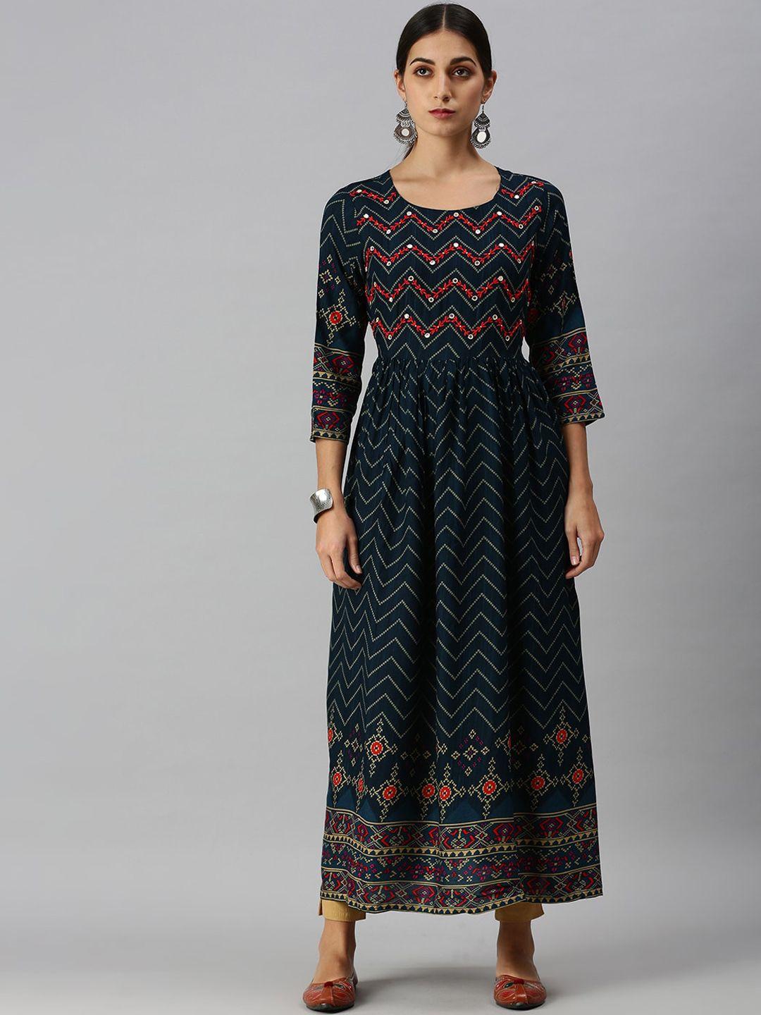 showoff women navy blue geometric printed anarkali kurta