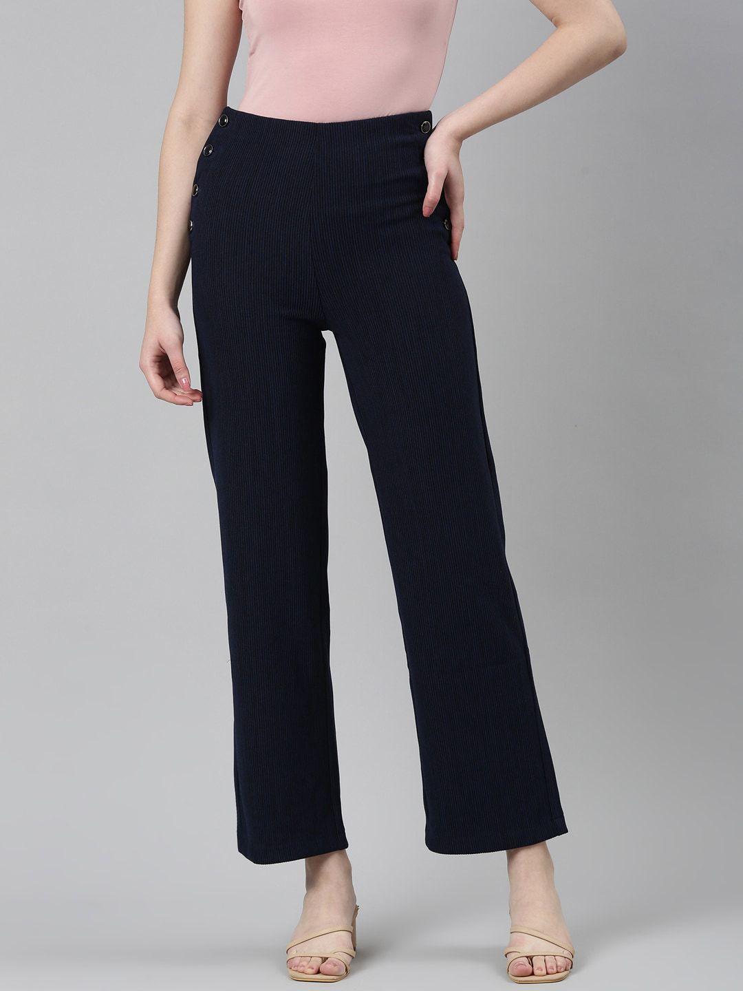 showoff women navy blue self design straight fit high-rise cotton parallel trousers