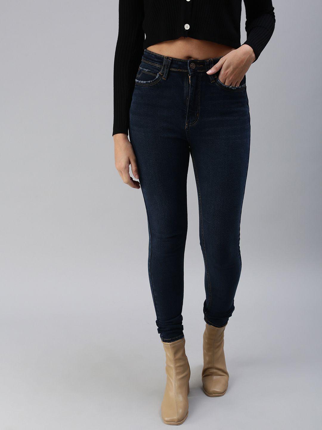 showoff women navy blue slim fit high-rise stretchable jeans