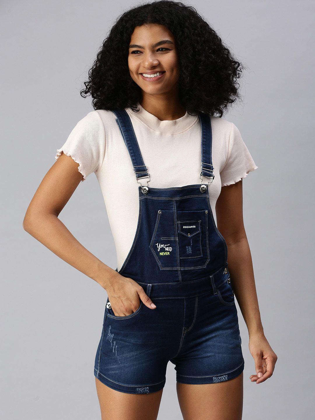 showoff women navy blue solid denim cotton dungarees