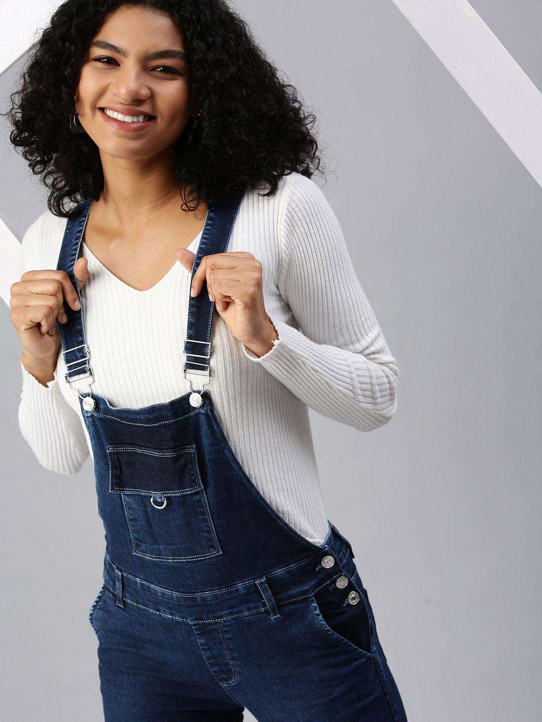 showoff women navy blue solid tapered-fit cotton denim dungarees