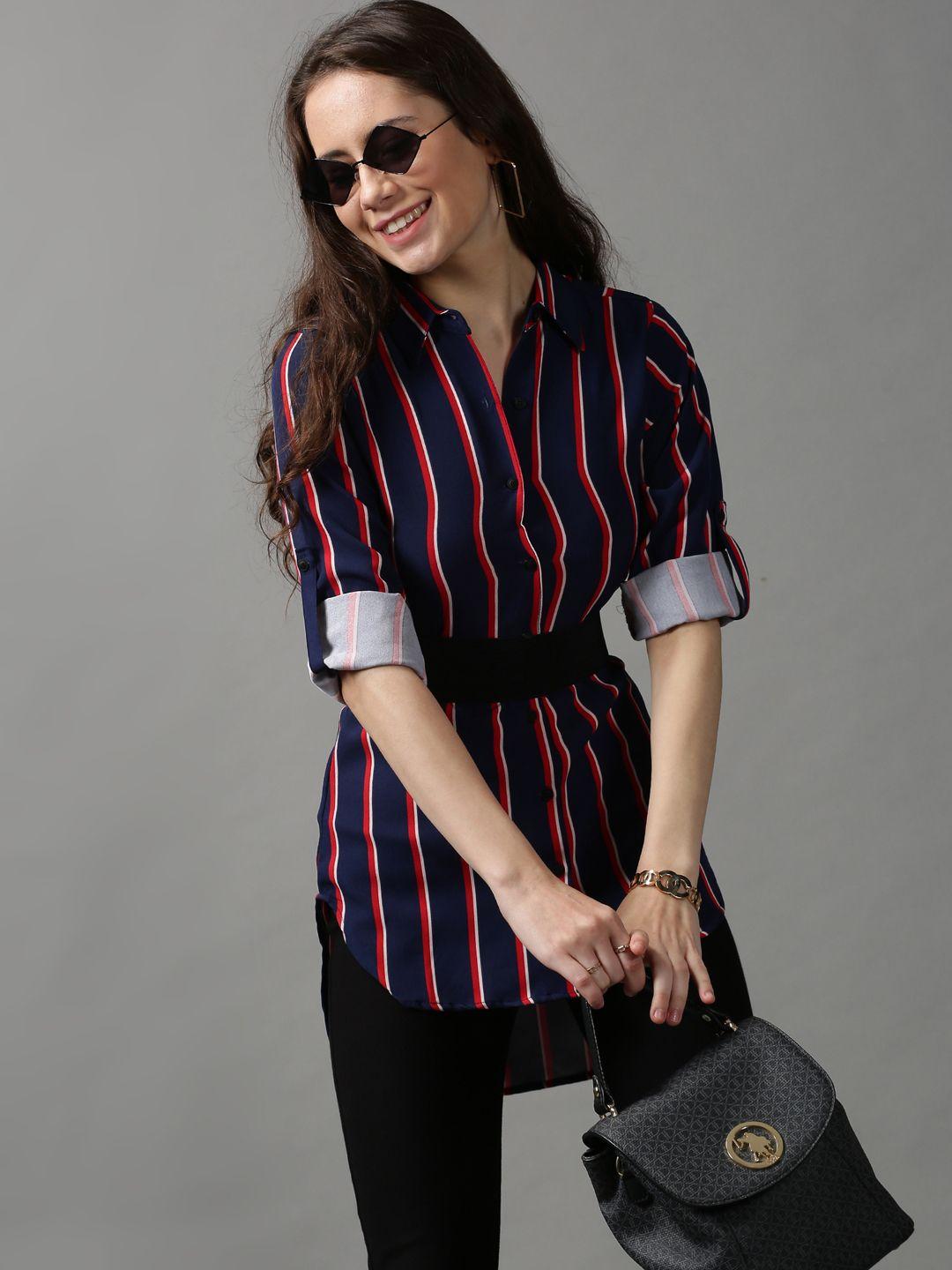 showoff women navy blue striped casual shirt