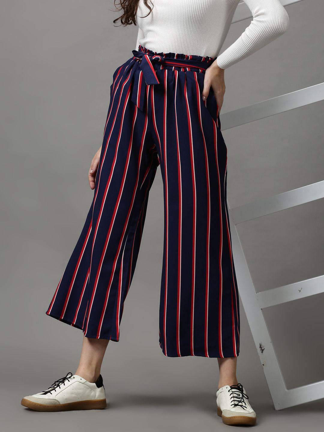 showoff women navy blue striped loose fit trousers