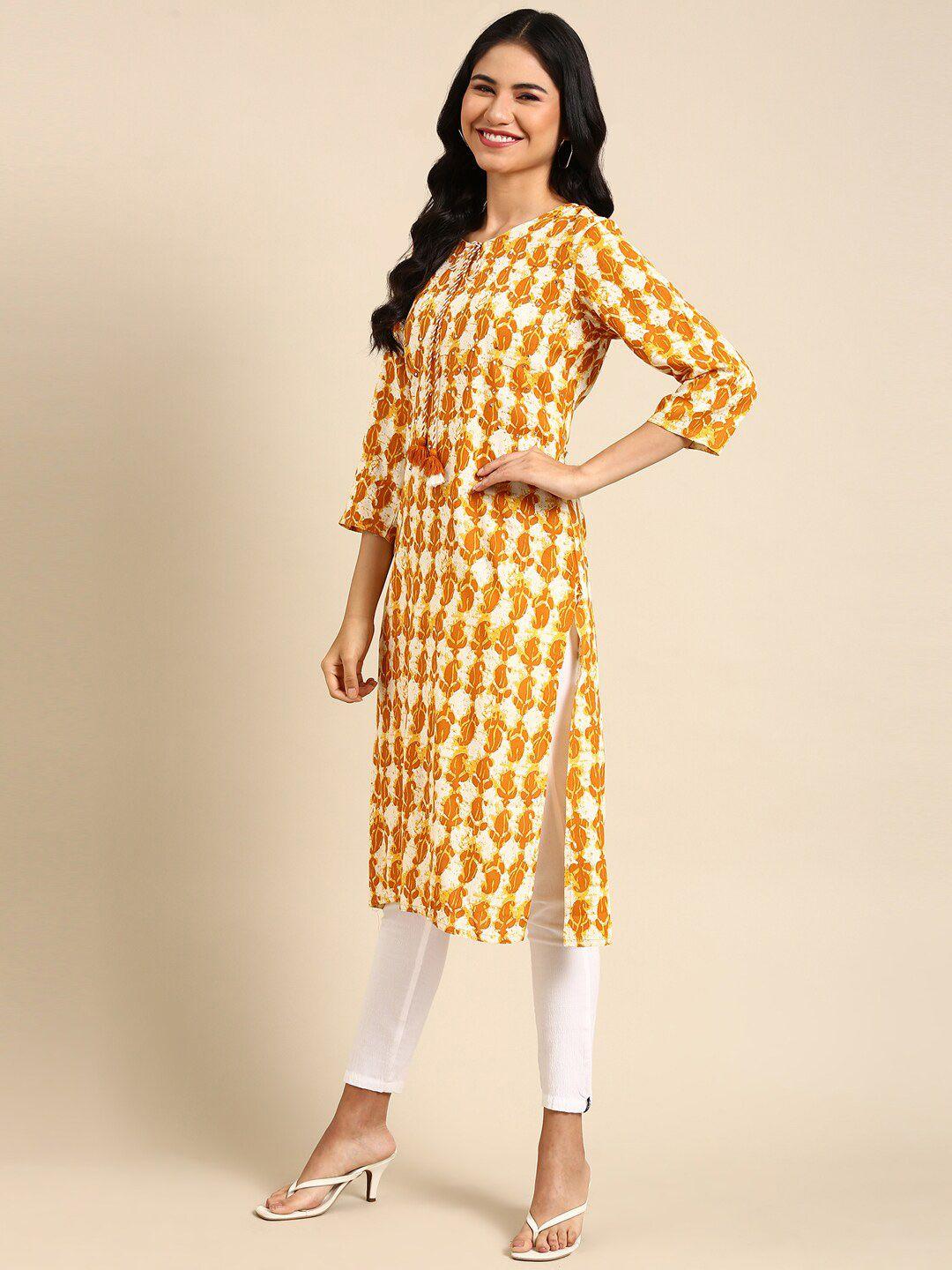 showoff women off white & yellow paisley chanderi cotton printed kurta