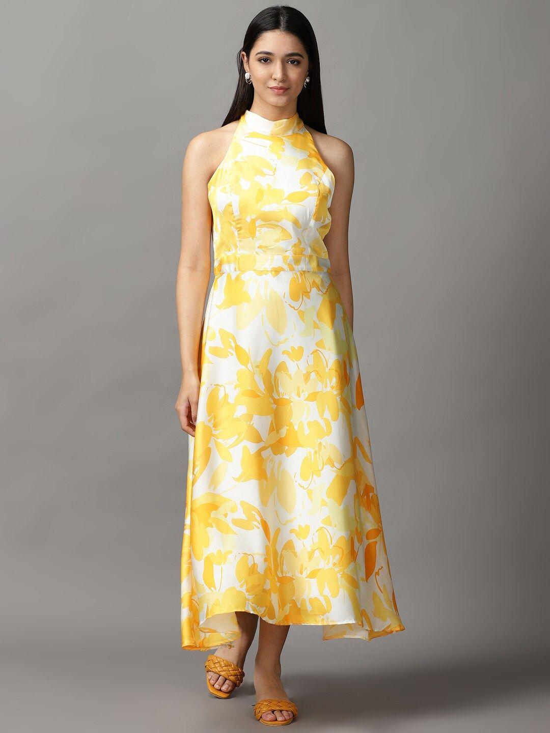 showoff women off white & yellow satin maxi midi dress