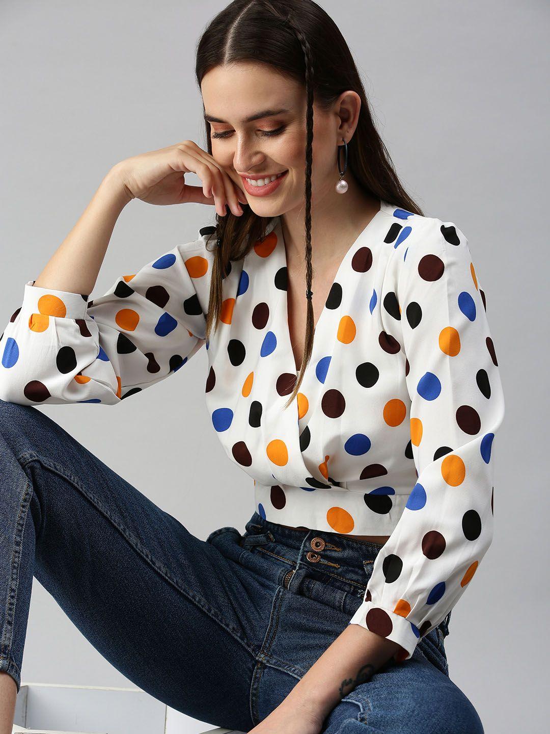 showoff women off white polka dot printed crepe blouson crop top