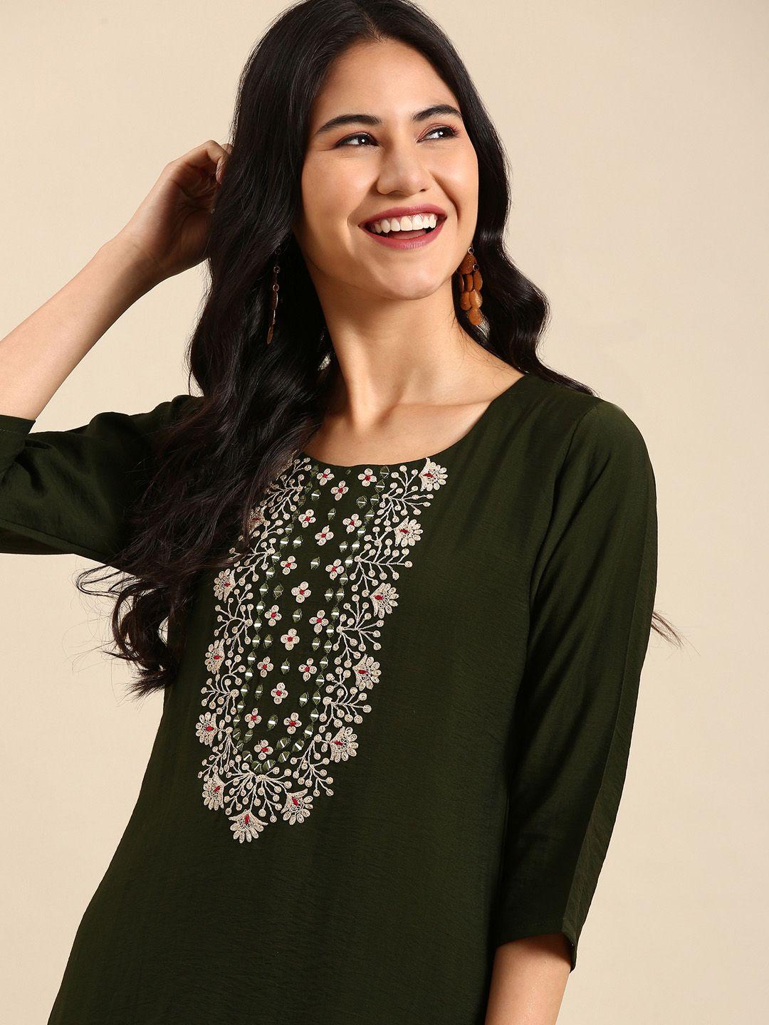 showoff women olive green & gold-toned yoke design kurta