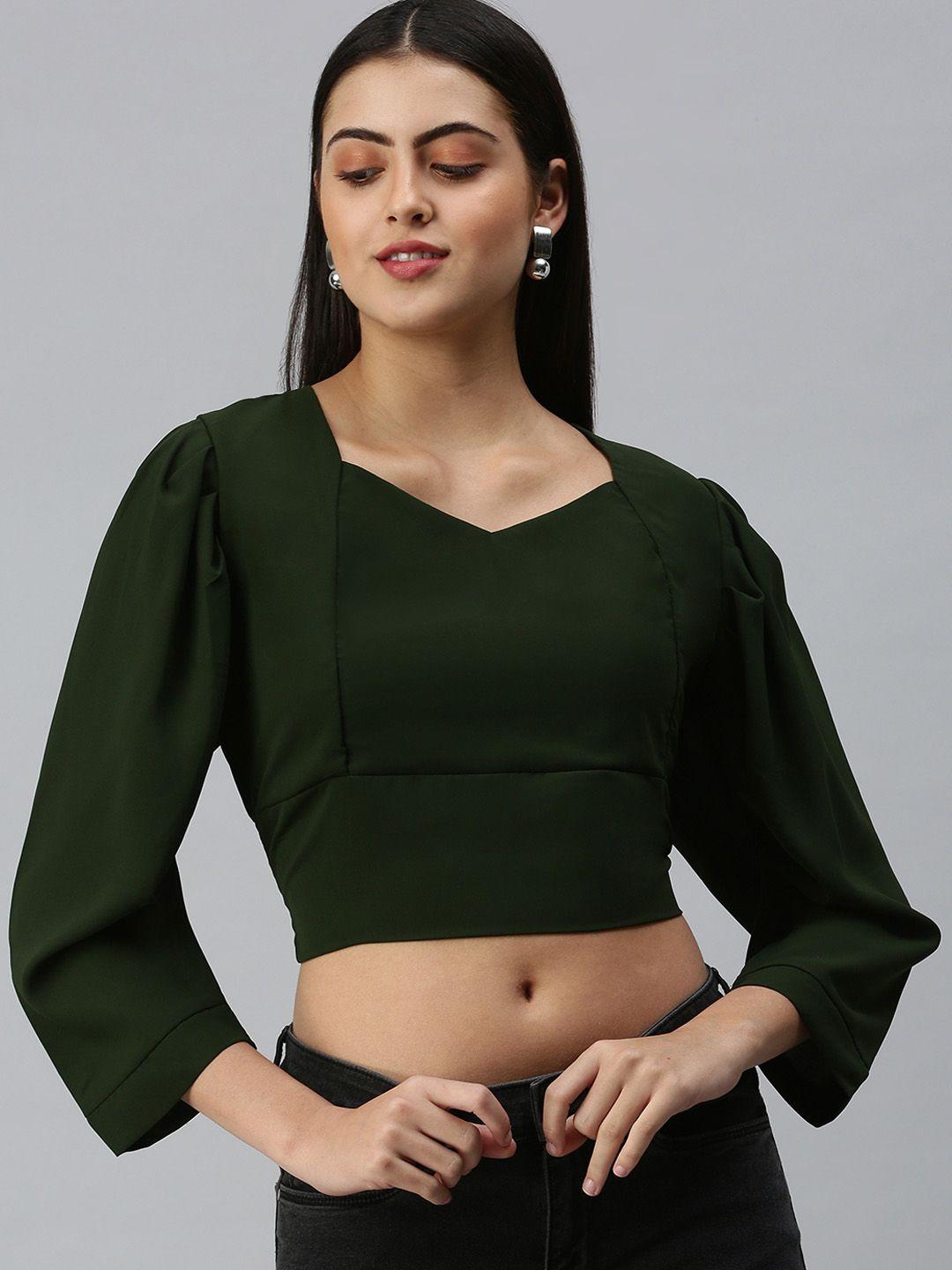 showoff women olive green crepe crop top