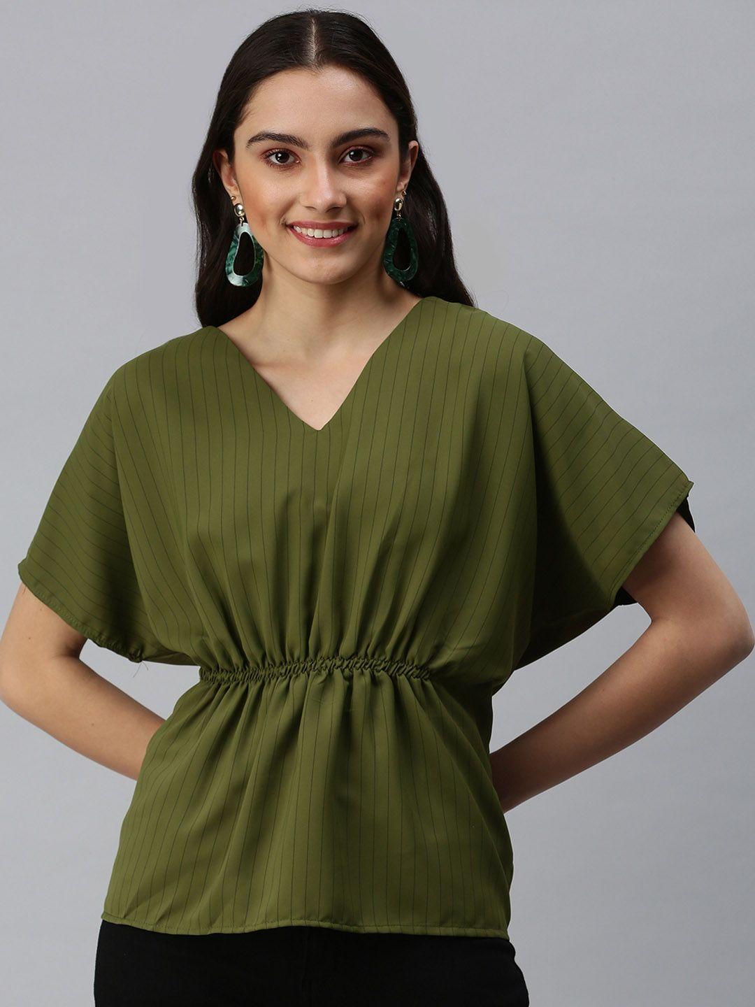 showoff women olive green extended sleeves crepe cinched waist top