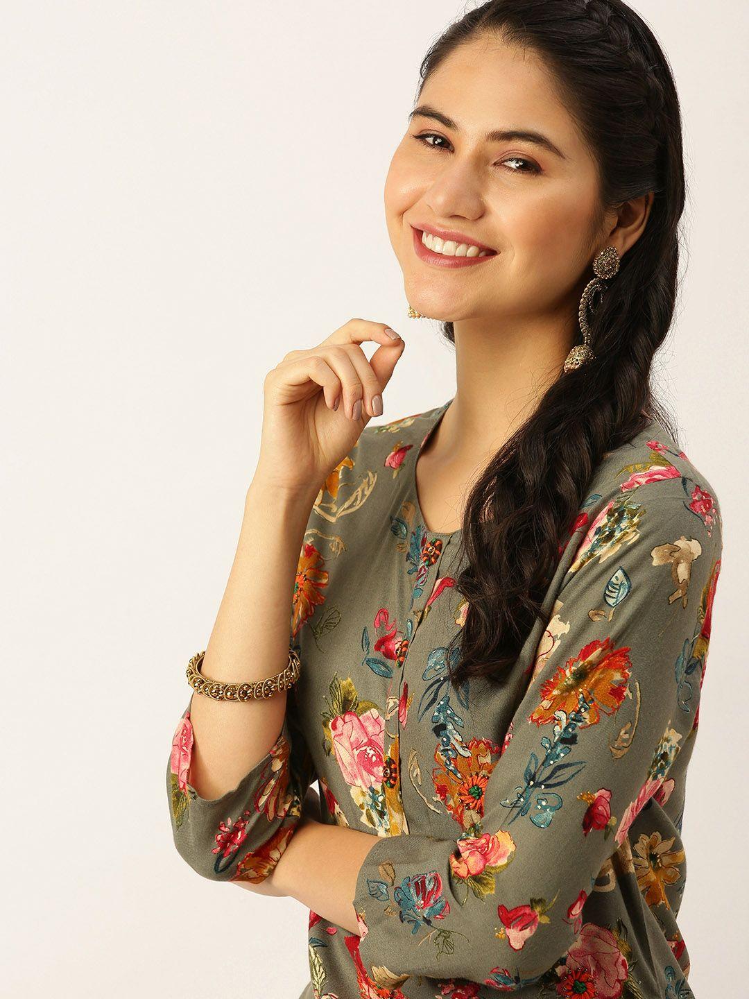 showoff women olive green floral printed kurta with trousers