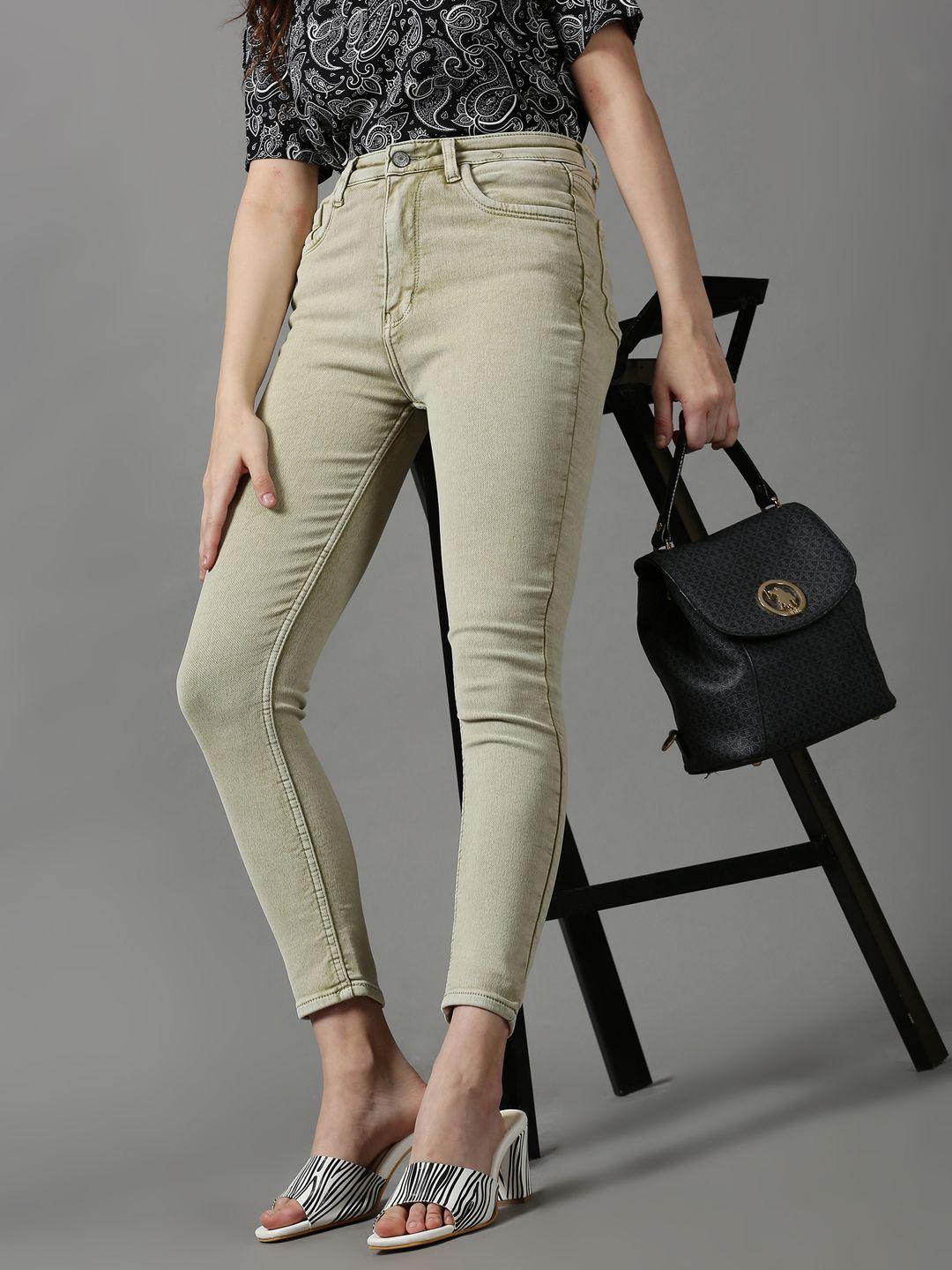 showoff women olive green skinny fit stretchable jeans