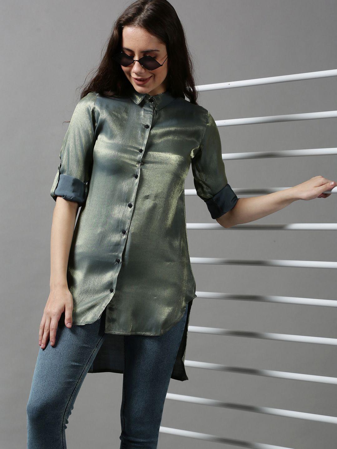 showoff women olive green slim fit casual shirt